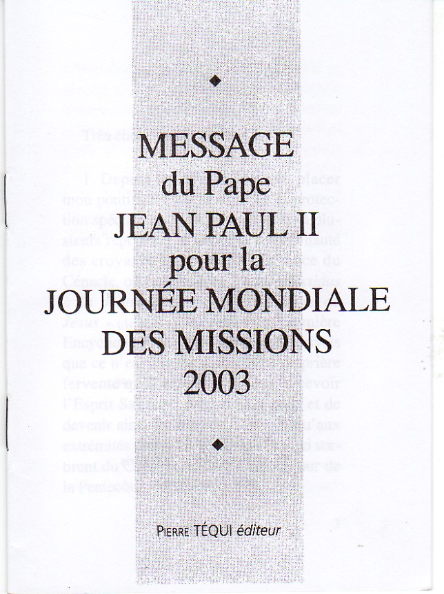 MESSAGE JP II JOURNEE MONDIALE MISSIONS 2003